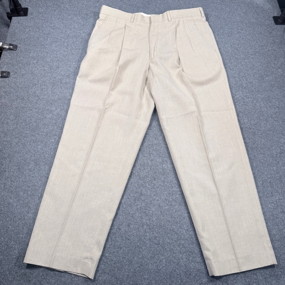 Savane Pleated Dress Pants 36x30 Tan Rayon Flax Blend Wrinkle Resistant Teflon